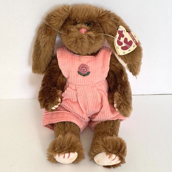 1990s Rose Bunny Plush Pink Jumpsuit TY Attic Treasures Beanie Baby with Tags - Picture 1 of 15